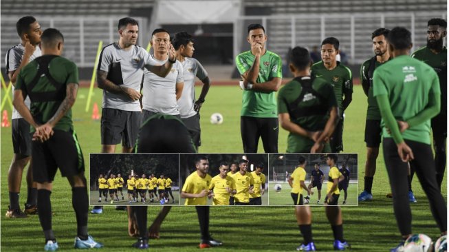 Kolase foto latihan timnas Indonesia dan Malaysia [Antara]