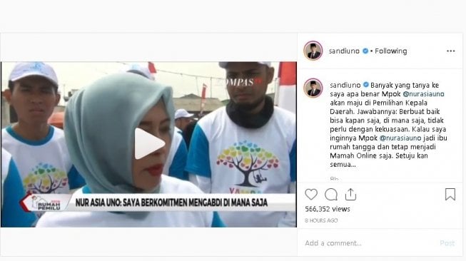 Tanggapan Sandiaga Uno soal isu istrinya maju Pilkada 2020 - (Instagram/@sandiuno)