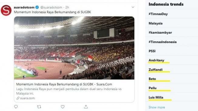 Daftar trending topic di Twitter Indonesia usai laga Indonesia vs Malaysia, Kamis (5/9/2019) malam. [Twitter/captured]