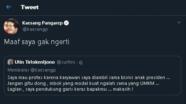 Kaesang tanggapi protes warganet. (Twitter/@kaesangp)