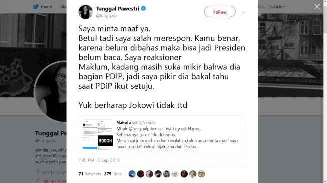 Permintaan maaf aktivis HAM Tunggal Pawestri - (Twitter/@tunggalp)