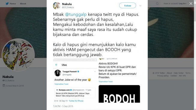 Aktivis HAM Tunggal Pawetri dikritik - (Twitter/@03_Nakula)