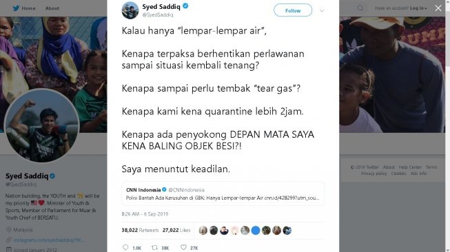 Cuitan Menpora Malaysia Syed Saddiq - (Twitter/@SyedSaddiq)