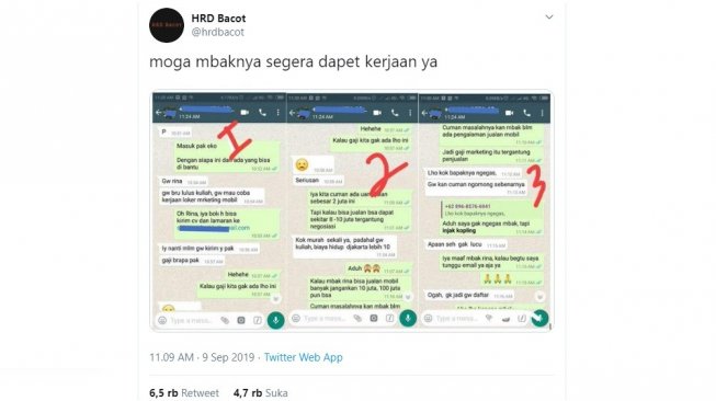 Tangkapan layar chat kocak antara fresh graduate dengan HRD yang bikin melongo. [Twitter]