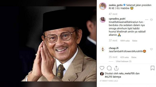 Zaskia Gotik mengucapkan duka atas meninggalnya BJ Habibie. [Instagram]