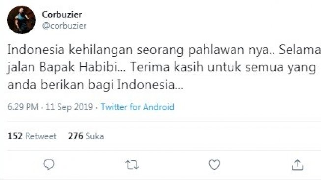 Bela sungkawa Deddy Corbuzier untuk BJ Habibie. [Twitter]