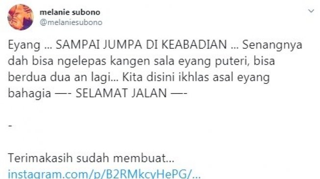 Cuitan Melanie Subono terkait meninggalnya BJ Habibie. [Twitter]