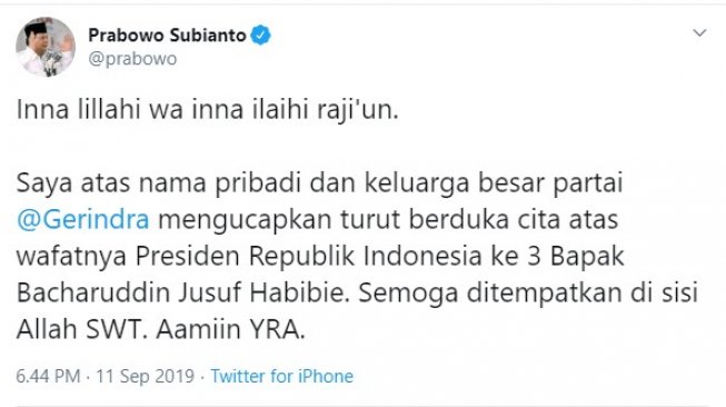 Cuitan belasungkawa Prabowo Subianto atas wafatnya Habibie. (Twitter @prabowo).