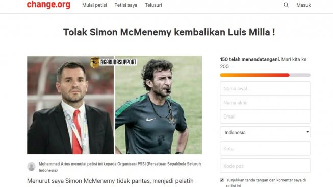 Petisi yang mengajak netizen untuk menandatangani agar PSSI menurunkan Simon McMenemy dan memanggil kembali Luis Milla. (change.org)