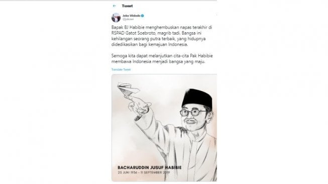 Cuitan belasungkawa BJ Habibie. [Twitter]