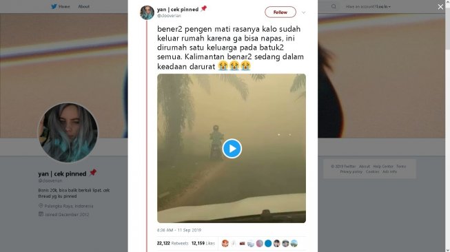 Kabut asap tebal di Kotawaringin Timur, Kaltim - (Twitter/@clooverian)