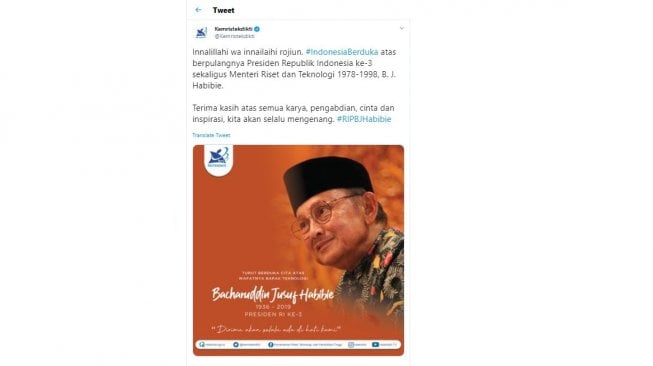 Cuitan belasungkawa BJ Habibie. [Twitter]