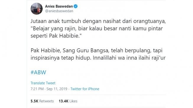 Cuitan belasungkawa BJ Habibie. [Twitter]