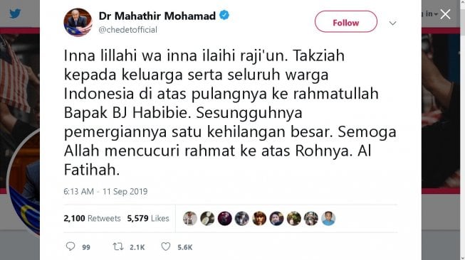 Ucapan dukacita PM Malaysia Mahathir Mohamad atas wafatnya BJ Habibie - (Twitter/@chedetofficial)