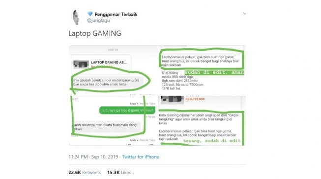 Tangkapan layar chat kocak persekongkolan anak dan penjual laptop. [Twitter]