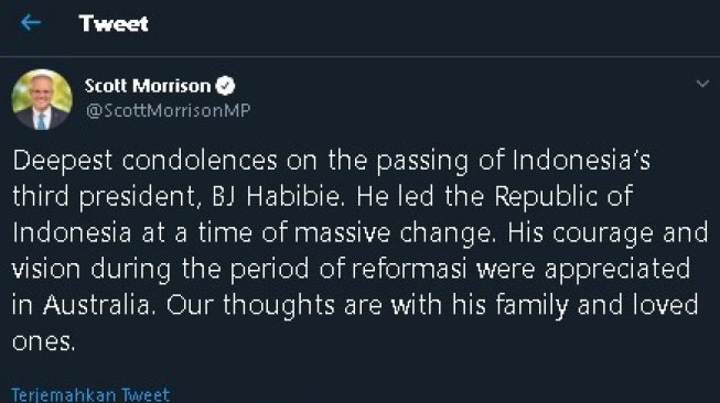 Cuitan belasungkawa untuk BJ Habibie. (Twitter/)