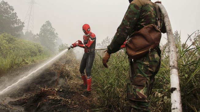 Seorang warga mengenakan kostum superhero Spiderman membantu petugas BPBD Riau dan TNI Kodim 0313 Kampar saat memadamkan kebakaran lahan gambut di Rimbo Panjang, Kabupaten Kampar, Riau, Kamis (12/9). [ANTARA FOTO/Rony Muharrman]