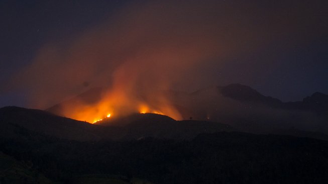 Kobaran api kebakaran hutan di Gunung Merbabu terlihat dari Selo, Boyolali, Jawa Tengah, Jumat (13/9). [ANTARA FOTO/Mohammad Ayudha]
