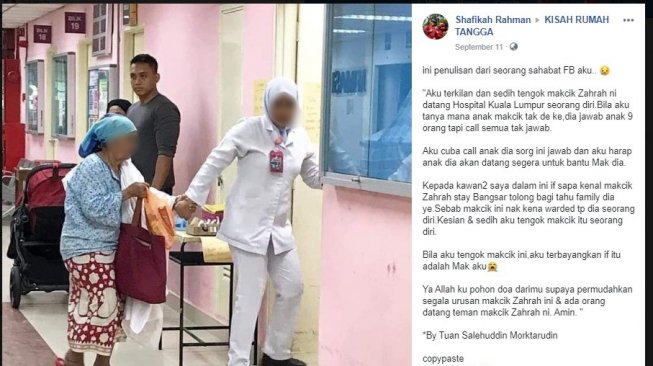 Viral seorang ibu datang ke rumah sakit sendirian. (Facebook/Shafikah Rahman‎)