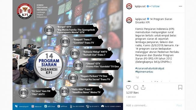 14 program TV ditegur KPI - (Instagram/@kpipusat)