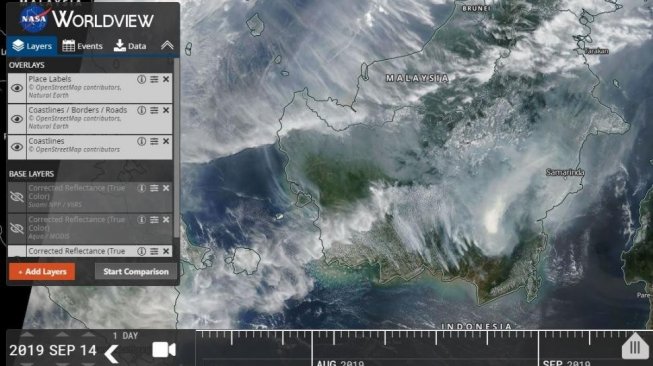 Penampakan kebakaran hutan Kalimantan dari satelit Nasa. [NASA Worldview]