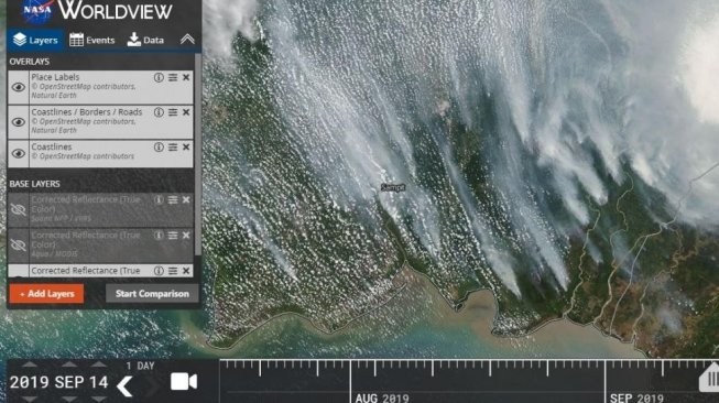 Penampakan kebakaran hutan Kalimantan dari satelit Nasa. [NASA Worldview]