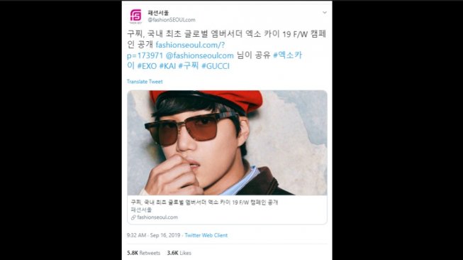 Kai EXO jadi Gucci Global Ambassador Pertama dari Korea. (Twitter/@fashionSEOULcom)