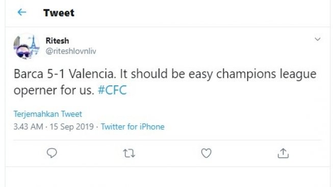 Prediksi netizen soal kans Valencia menang mengahadapi Chelsea pada Liga Champions 2019/20. (Twitter/@riteshlovnliv)