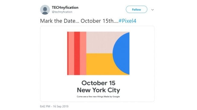 Bocoran tanggal peluncuran Google Pixel 4. [Twitter]