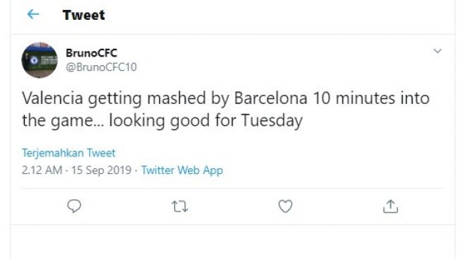 Pernyataan netizen saat Valencia bertandang ke Stamford Bridge saat menghadapi Chelsea pada Liga Champions 2019/20. (Twitter/@BrunoCFC10)