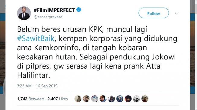 Cuitan Ernest Prakasa - (Twitter/@ernestprakasa)