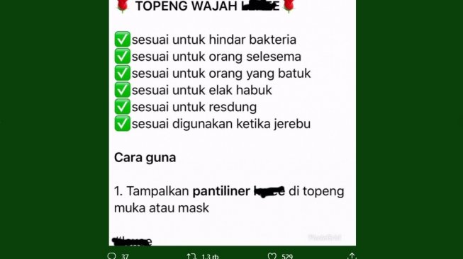 Fungsi pantyliner ditempelkan pada masker (Twitter/@khairul_hafidz)