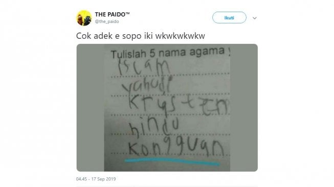 Jawaban kocak soal Agama. [Twitter]