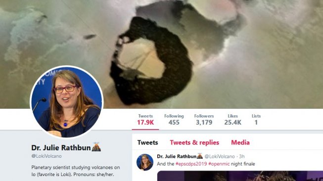 Dr Julie Rathbun yang aktif mengamati Loki Volkano atau gunung api Loki di Io, satelit Jupiter [Twitter: @LokiVolcano].