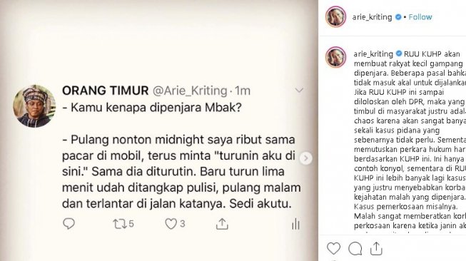 Lelucon Arie Kriting soal RUU KHUP. (Instagram/@arie_kriting)