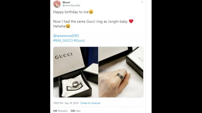 Cincin Gucci yang dibeli penggemar Kai EXO. (Twitter/@minnitsuchika)