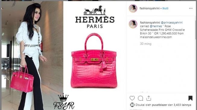 Tas Hermes Birkin milik Syahrini. (Instagram/@fashionsyahrini)
