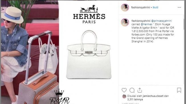 Tas Hermes Birkin milik Syahrini. (Instagram/@fashionsyahrini)