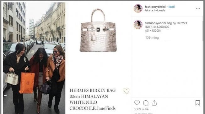 Tas Hermes Birkin milik Syahrini. (Instagram/@fashionsyahrini)