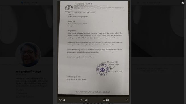 Suratnya Viral, Universitas Trisakti Beri Jokowi Gelar Putra Reformasi?