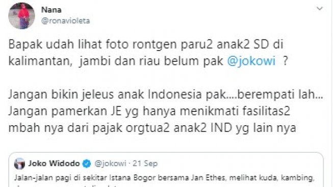 Cuitan netizen menanggapi vlog Presiden Jokowi. (@ronavioleta).