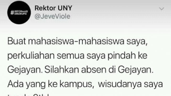 Bidik layar cuitan akun yang mengaku-ngaku rektor UNY terkait aksi #GejayanMemanggil. (@Jeveviole).