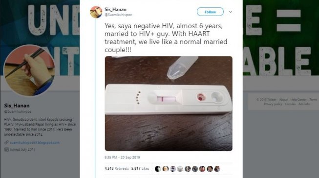 Cuitan wanita menikah dengan pria positif HIV/AIDS. (Twitter/@Suamikuhivpoz)