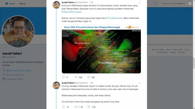 Analisis hubungan #GejayanMemanggil dengan #TurunkanJokowi - (Twitter/@ismailfahmi)