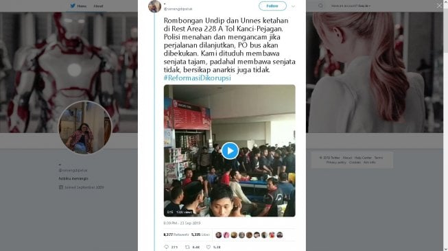 Mahasiswa Semarang menuju Jakarta untuk ikut demo - (Twitter/@senengdipeluk)