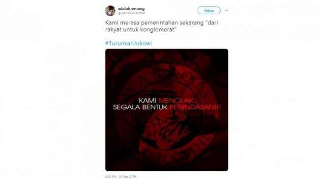 Cuitan warganet dengan tagar #TurunkanJokowi. [Twitter]