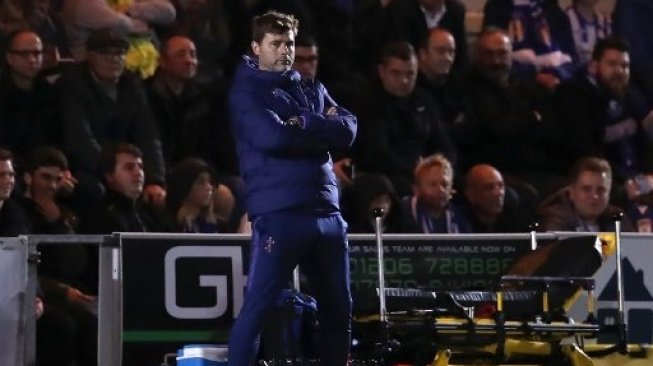 Reaksi manajer Tottenham Hotspur Mauricio Pochettino saat skuatnya menghadapi Colchester United di Piala Liga Inggris. Chris RADBURN / AFP