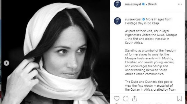 Meghan Markle berhijab. (Instagram/@sussexroyal)