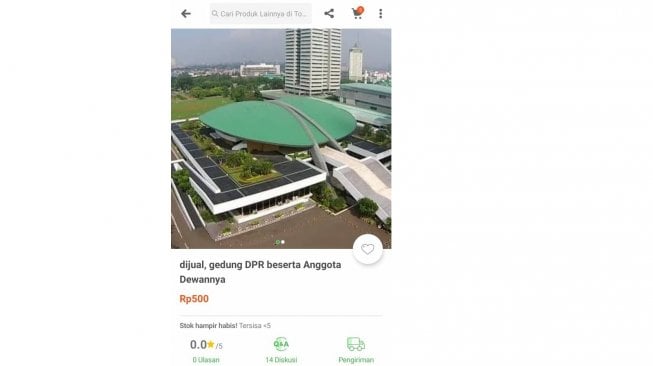 Gedung DPR dan anggota dewan ditawarkan seharga Rp 500 di Tokopedia pada Rabu (25/9/2019). [Suara.com/Tokopedia]