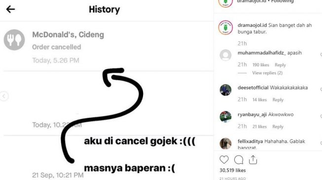 Cancel orderan GoFood gara-gara baper. [Instagram/Dramaojol.id]